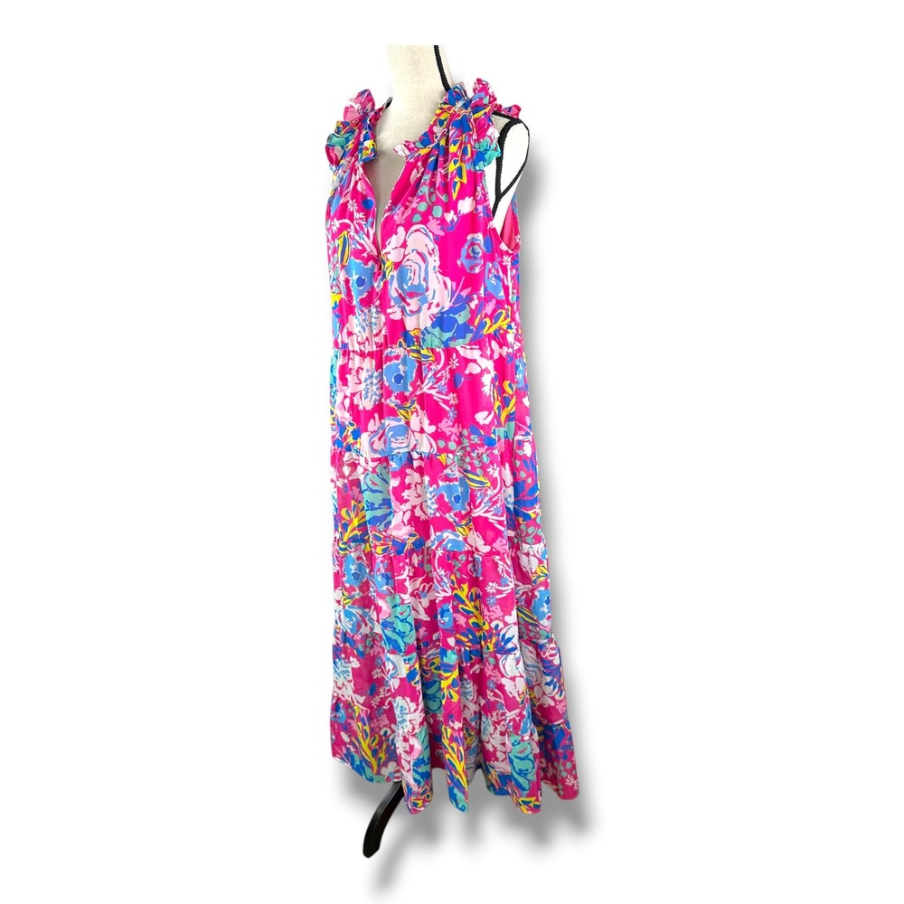 Mud Pie Womens Pink Floral Tiered Maxi Dress Sleeveless Ruffle Neck Large‎ L - Picture 2 of 14